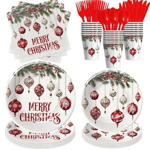 lot 405 image: Srua Don Christmas Party Decorations, Merry Christmas Paper Plates and Napkins Party Supplies Tableware, Holiday Xmas Balls Theme Plate, Cup, Napkin, Disposable Cutlery, Serves 24