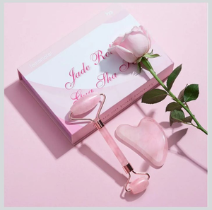 lot 448 image: Femometer Jade Roller, Gua Sha Set, Facial Roller Massage Tool 100% Natural Rose Quartz for Face, Eyes, Neck, Skincare Beauty, Relieve Fine Lines and Wrinkles and Body Muscle Relaxing