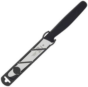 lot 469 image: BUNDLE Mercer Culinary Rounded Tip Wavy Bar Knife, 4-516 Edge, Black AND Linoroso Stainless Steel Classic Y-Peeler Straight Blade.