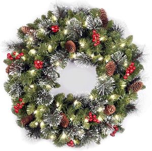 lot 3291 image: National Tree Company Pre-Lit Artificial Christmas Wreath  Green  Crestwood,Spruce Clear Lights  Decorated with Pine Cones  Berry Clusters  24 Inches