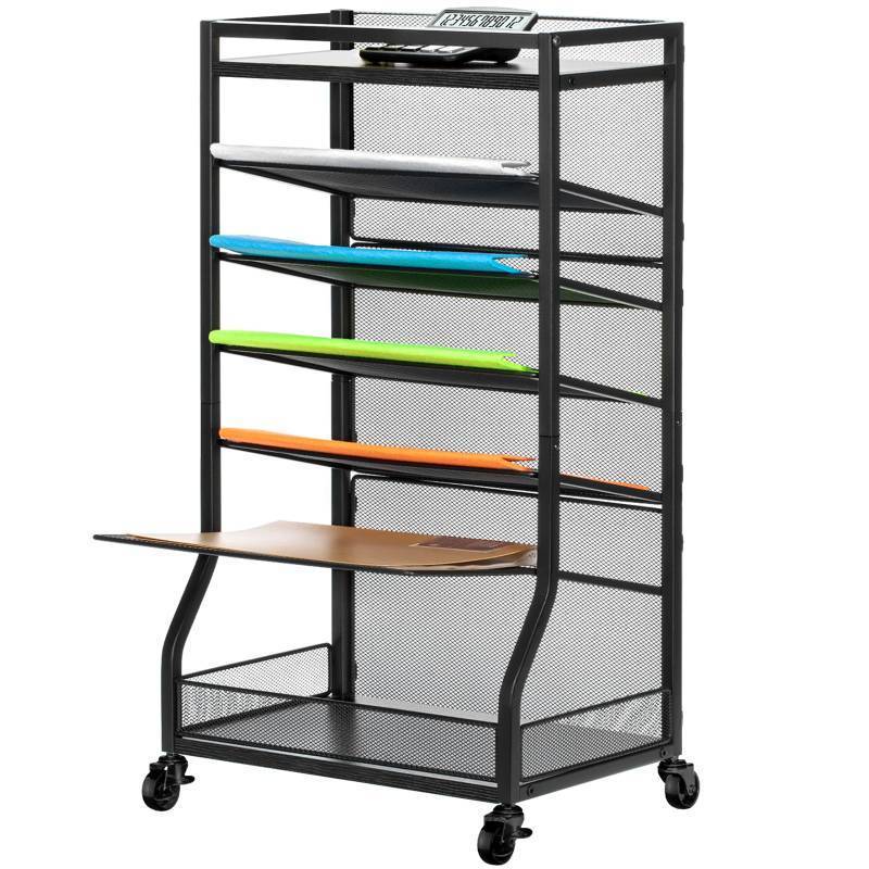 lot 6 image: ThreeHio 7 Tier Rolling File Cart with Sliding Trays, Wood Metal File Organizer Beside Desk, Free-Standing File Holder, Paper Letter Tray Organizer Mesh Desk Organizer for Home Office School (Patent)