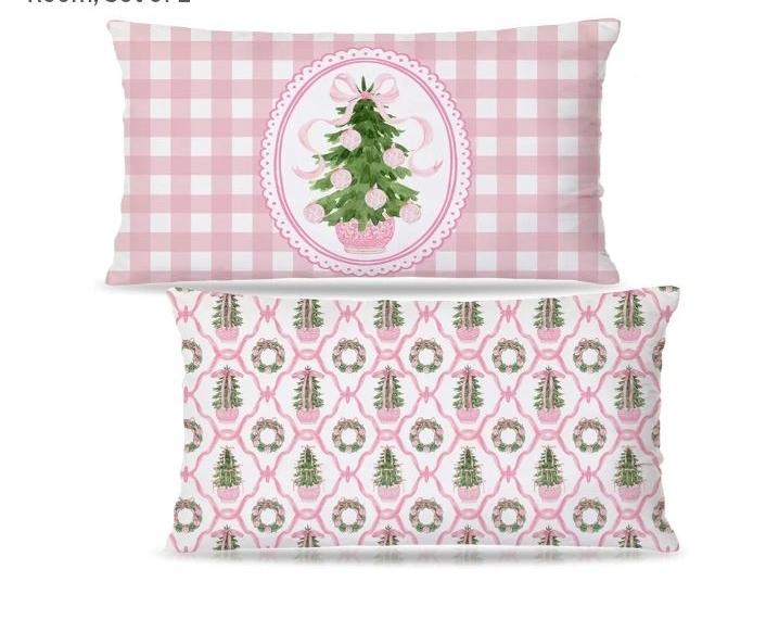 lot 102 image: Pink Chinoiserie Christmas Tree Wreath Pillow Covers 12x20 Double-Sided Pillow Covers- Set of 2