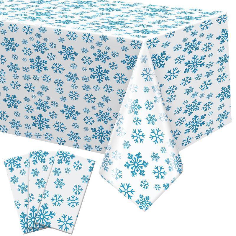 lot 109 image: 3 Pieces 54 x 108 Inches Snowflake Tablecloths - Plastic Waterproof Christmas Table Cover (White)