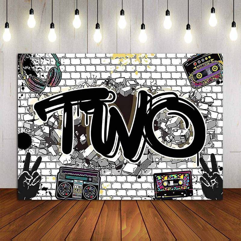 lot 1045 image: YQ 7x5ft Hip Hop Graffiti White Brick Wall Photography Backdrops Two Legit to Quit Birthday Party Decoration Photo Background Kids Boys or Girl 2nd Happy Birthday Party Supplies Studio Props Vinyl