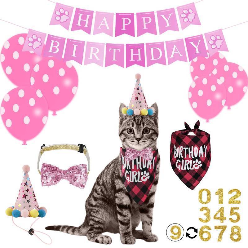 lot 1080 image: Hidaily 16 Pcs Cat Birthday Party Supplies, Cat Birthday Bandana with Number Hat, Banner, Bow Tie, Balloons (Pink)