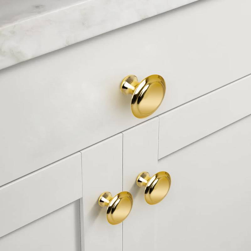 lot 1086 image: Xisakaca 24 Pcs Gold Cabinet Knobs, Zinc Alloy Brushed Brass Round Vintage Drawer Pulls Hardware for Kitchen Closet, Cupboard, Dresser and Wardrobe Doors