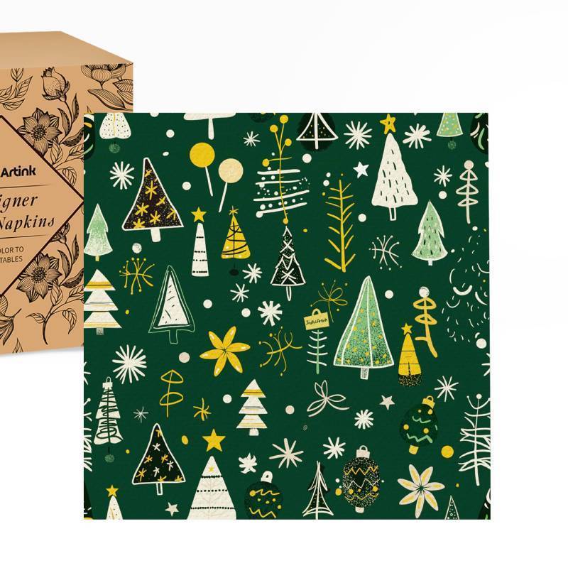 lot 1100 image: JoyfulArtink Premium Designer Paper Napkins, 3-Ply 6.5 x 6.5-inches Fold Disposable Decorative Winter Guest Christmas Holly Green Festive New Year Tree Party Lunch Dinner Napkin (50, Festive Green)