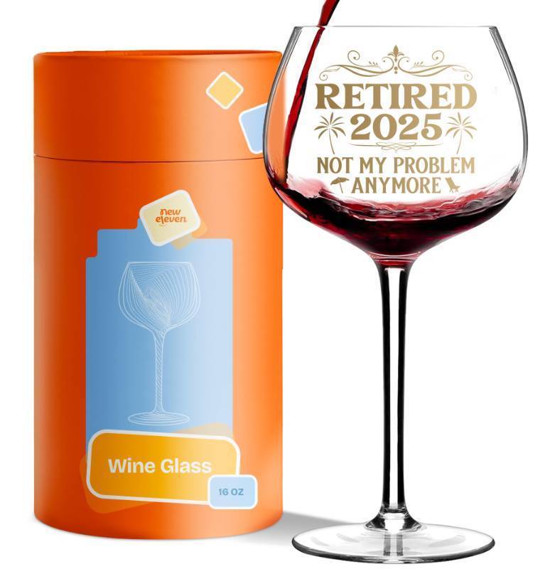 lot 1253 image: NewEleven Retirement Gift For Woman 2025 - Cool Retirement Gifts - Coworker Leaving Gifts, Farewell Presents, Retired Decorations, Farewell Goodbye Gift For Coworkers, Friends - 16 Oz Wine Glass - Retail $20