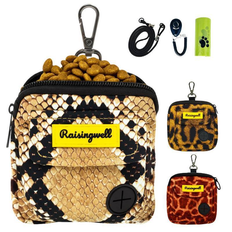 lot 2738 image: Dog Treat Pouch for Pet Walking and Training with Clicker Poop Bags and Double Bag Design Small Fanny Zipper Pack Holder for Puppy Snack Dispenser Kit for Leash and Outdoor Use Snake Skin