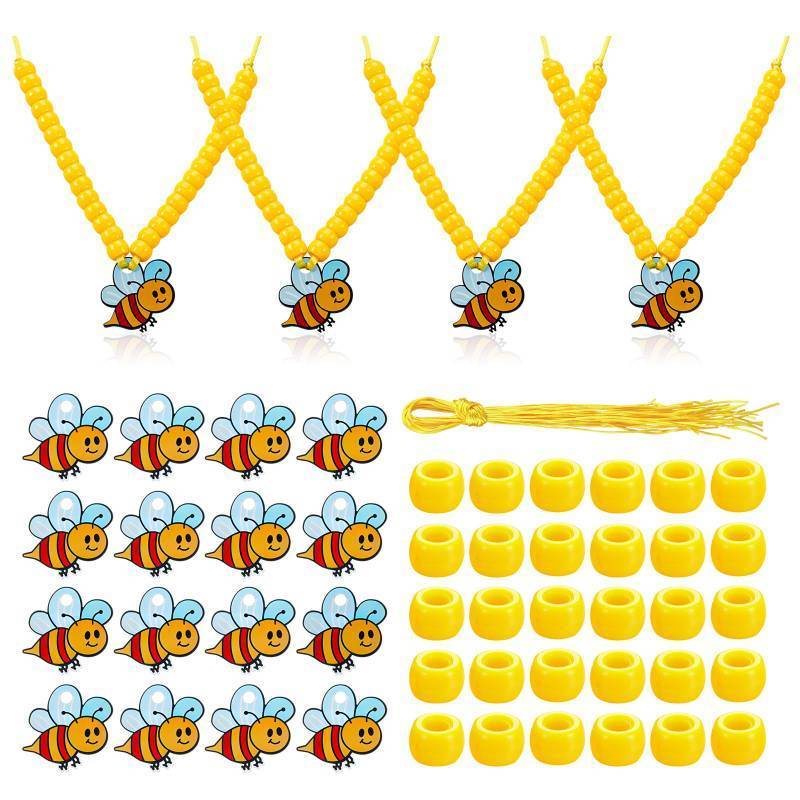 lot 2908 image: Huquary 16 Sets Bee Necklace Bead Crafts Kit DIY Summer Bee Rustic Farmhouse Charms for Summer Favors Birthday Gifts Holiday Tiered Tray Table Decor