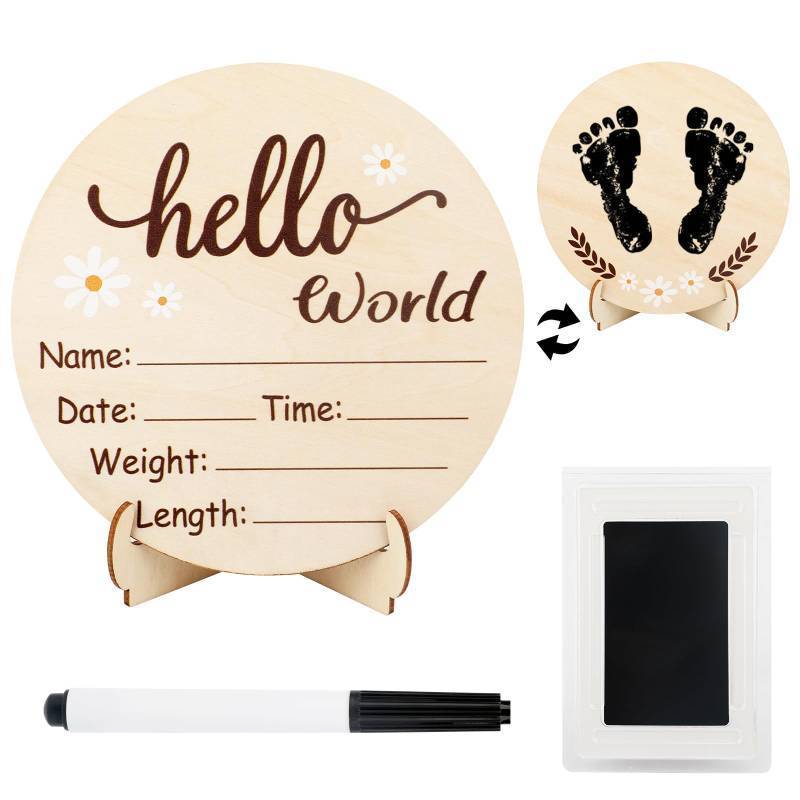 lot 1198 image: Baby Birth Announcement Sign, 5.8 Inch Wooden Hello World Newborn Name Sign for Hospital with Marker and Stand, Baby Welcome Sign Photo Props for Boys and Girls Gifts
