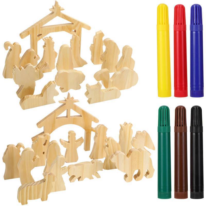 lot 231 image: Soaoo 28 Pcs Wood Nativity Scene Set Paint Your Own Nativity Craft Kits Religious Unfinished Mini People Jesus Manger Rustic DIY Christmas Craft with 6 Watercolor Pen for Kids Tabletop Holiday Decor