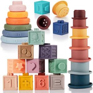 lot 528 image: 3 Set Montessori Toys for Babies Soft Baby Stacking Cups Toy Silicone Ring Baby Stacking Blocks for Toddlers 6 to 12 Months Sensory Building Blocks with Number Fruit Shape Toddler Gifts