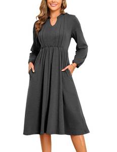 lot 547 image: MAKABO Vintage Caasual Grey Dress for Women, V Neck Cocktail Church Semi Formal Dress Flared for Funeral Tea Party Outfit, Size L