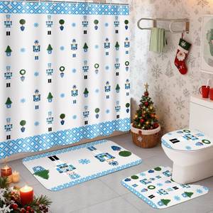 lot 558 image: 4 Pcs Blue and White Christmas Nutcracker Shower Curtain Set Waterproof Chinoiserie Nutcracker Bathroom Curtain, Non Slip Rug Toilet Lid Cover Bath Mat 12 Hooks for Xmas Holiday Bathroom Decor 72x72