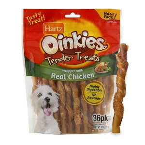 lot 560 image: Hartz Oinkies Rawhide Free Chicken Flavored Tender Treats for Small & Senior Dogs  13.3 oz Bag (36 pieces) - Best by Jun 2027