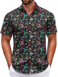 lot 589 image: Short Sleeve Santa Claus Ugly Funny Neon Christmas Shirts for Men - Size XXL