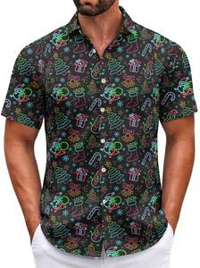 lot 590 image: Short Sleeve Santa Claus Ugly Funny Neon Christmas Shirts for Men- Size L
