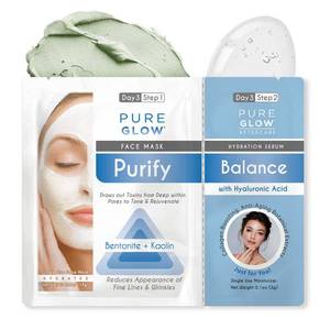 lot 652 image: Pure Glow - Bentonite and Kaolin Indian Healing Clay Face Mask, Rejuvenate and Tone Skin with South Korean Skin Care  Hyaluronic Acid Balance Serum and Botanical Extracts (Purify) (2 Pack)