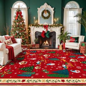 lot 683 image: Christmas Area Rug - 4x6 Washable Non-Slip Carpet for Living Room Throw Soft Area Rug for Bedroom, Snowflake Holiday Decor Accent Floor Green Tree Rug for Kitchen Entryway Dining Room - Retail $74