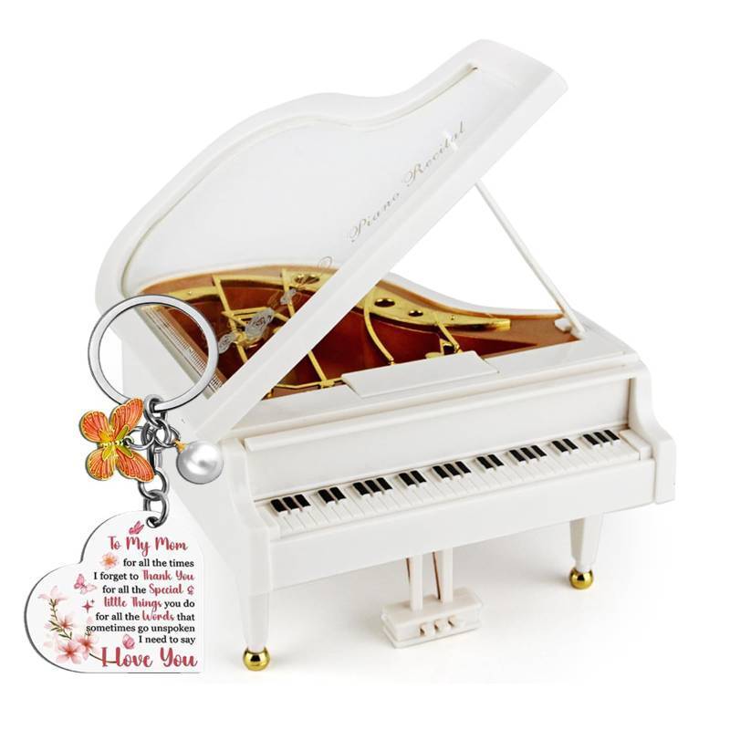 lot 247 image: To My Mom Music Box & Engraved Keychain Gift Set - Elegant Piano Shaped Musical Box, Wind-up Clockwork Mechanism - Meaningful Birthday, Mothers Day, Christmas Keepsake for Mom from Daughter Son