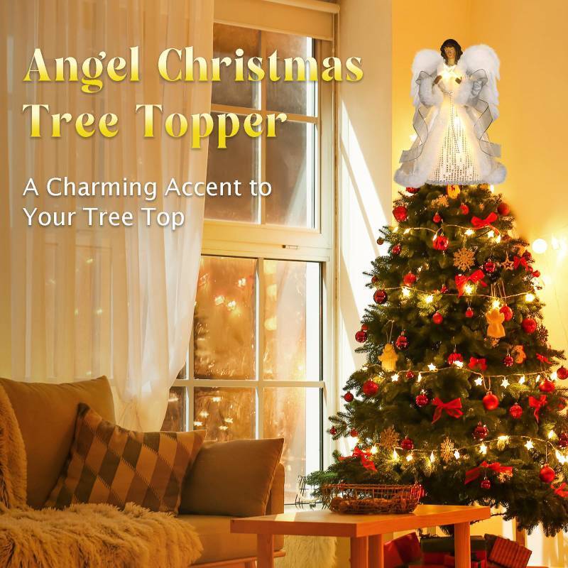 lot 293 image: SINTENILL 12.5 Black Angel Christmas Tree Topper with Lights, Lighted Angel Tree Topper with White Feather Wings and Star Light, Remote Control, Timer & USB Powered for Holiday Party Decor