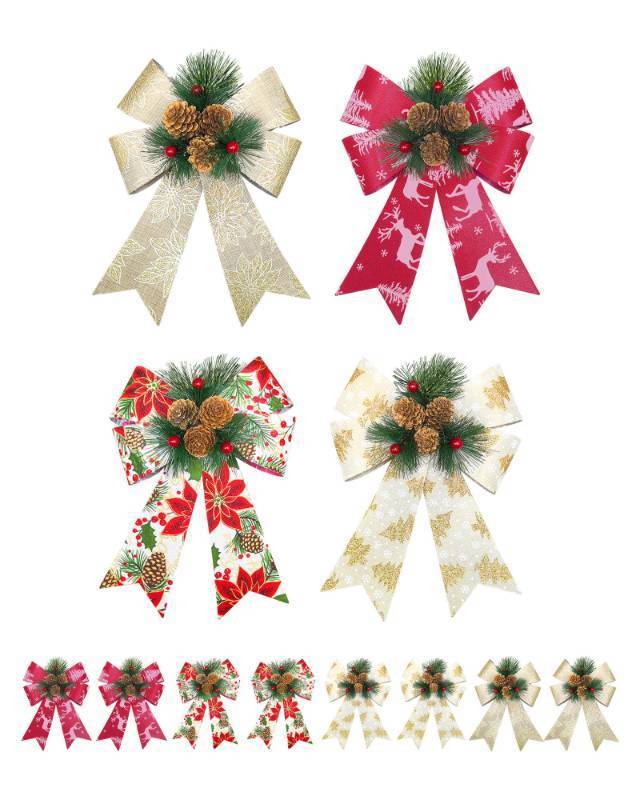 lot 3276 image: 8 Pack Christmas Bows with Pinecones and Berries,4 Different Christmas Bow Tree Topper, 6.7x9.45 Inches Wreath Bows