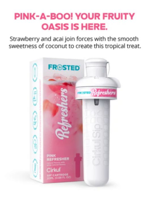 lot 480 image: Cirkul Frosted Refreshers Caffeine Flavor Water 2 Pack, No Sugar, Zero Calorie Drink Mix, (1 Pink Refresher & 1 Raspberry Tea Included)