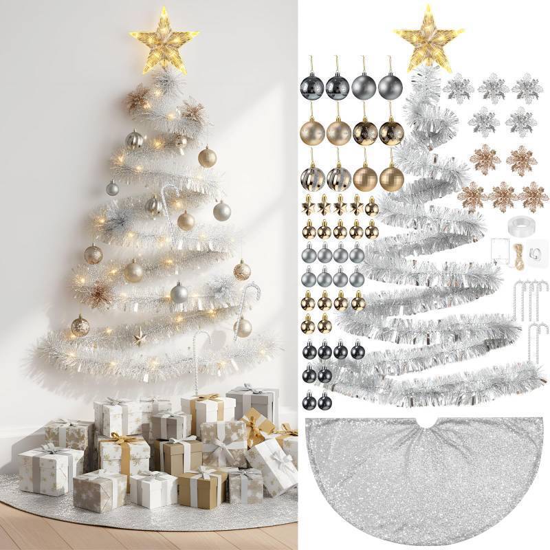 lot 2828 image: HyDren 91 Pcs DIY Wall Christmas Tree Kits, 66 Ft Xmas Garland Star Topper Tree Skirt Ball Ornaments String Lights Candy Cane Poinsettia Flowers for Decor Your Own Style Wall Door(Silver)