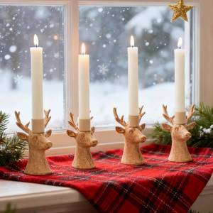 lot 749 image: DN DECONATION Christmas Candle Holders Set of 4 �� Reindeer Taper Candle Holders in Rustic Wood Color, Deer Head Candlestick Holders Holiday Tabletop Decor for Living Room, Fireplace, Party & Gift - Retail $15