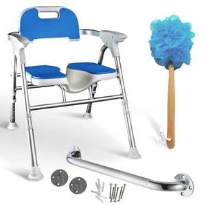 lot 770 image: Foldable Shower Chair for Elderly & Disabled Adjustable Height, Soft Cushion Seat, 16-Inch Steel Grab Bar & Loofah, Supports Up to 350 lbs, FSAHSA Eligible for Safe & Comfortable Bathing