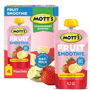 lot 782 image: Motts Fruit Smoothies Strawberry Banana, 4.2 oz clear pouches, 4 Pack, Non-dairy, Made With Oatmilk, Made With Real Fruit, Good Source of Calcium, On-the-Go (Best By Dec 24, 2026)