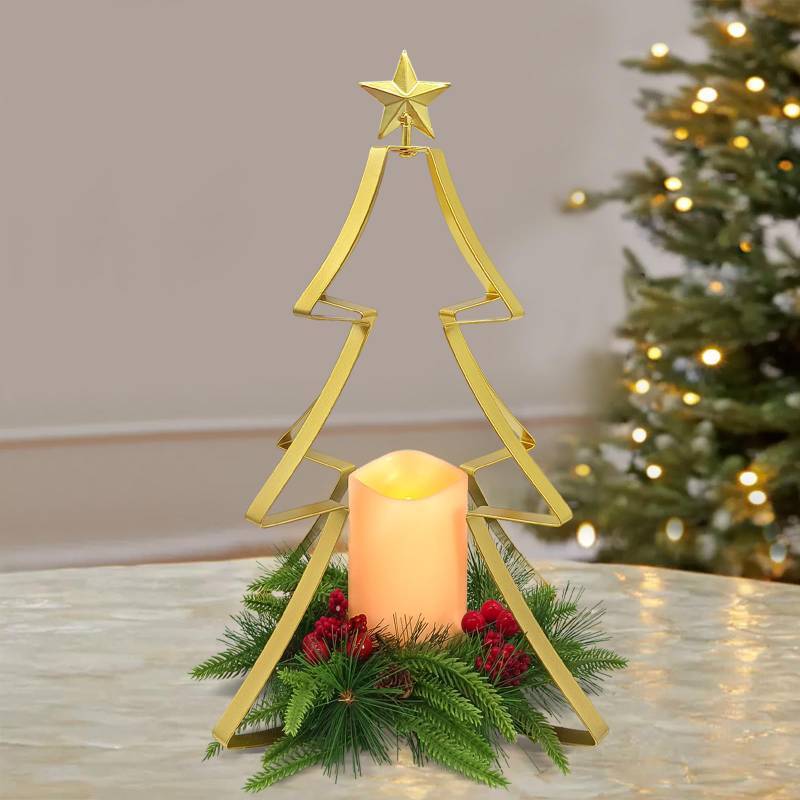 lot 601 image: Christmas Table Centerpiece Decorations, Metal Christmas Tree Candle Holder with Battery Operated Candle Light Artificial Red Berries Pinecones Xmas Decor for Home Farmhouse Party