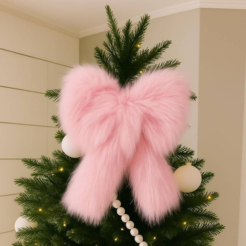 lot 3034 image: Pink Faux Fur Bow Christmas Decor Fluffy Warm Christmas Tree Topper