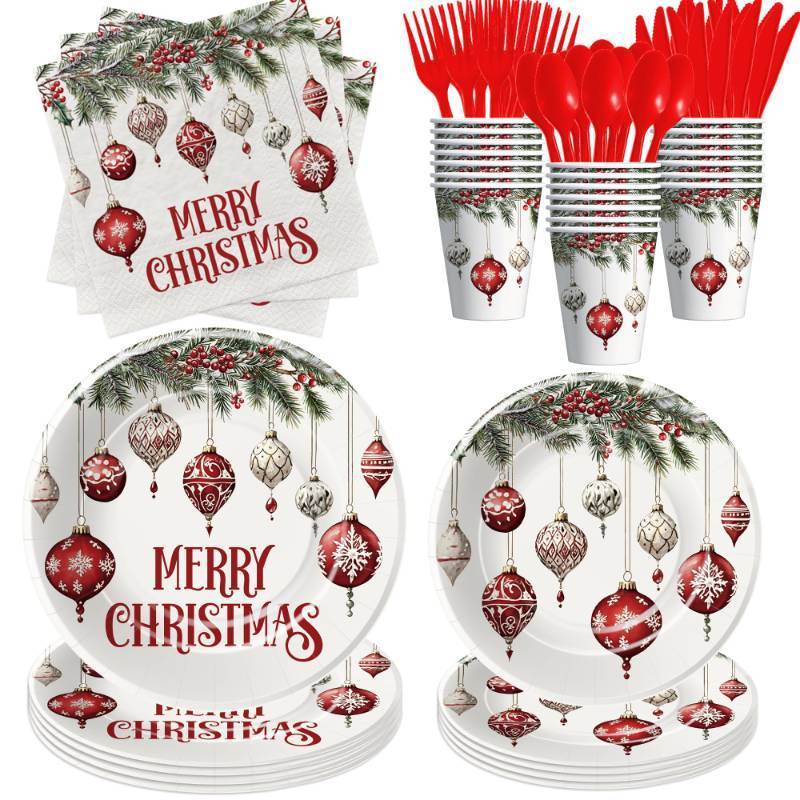 lot 405 image: Srua Don Christmas Party Decorations, Merry Christmas Paper Plates and Napkins Party Supplies Tableware, Holiday Xmas Balls Theme Plate, Cup, Napkin, Disposable Cutlery, Serves 24