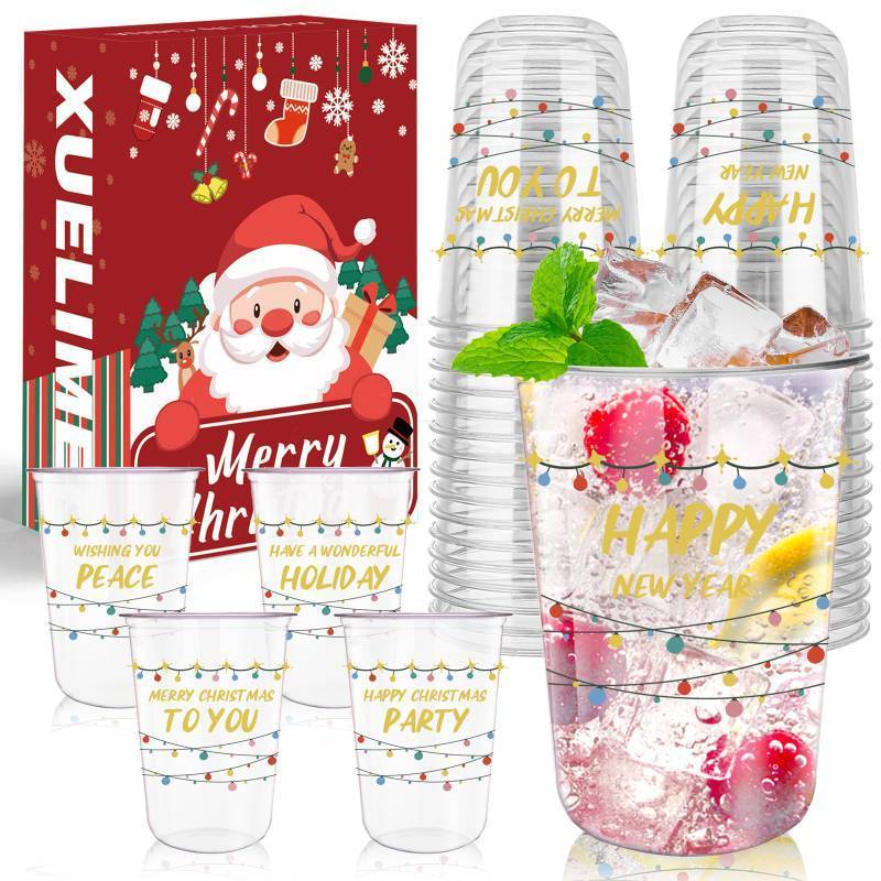 lot 438 image: Xuelimei 16oz Christmas Disposable Plastic Cups-Christmas Balls Ornaments Drinking Cups for Holiday Party Supplies Cold Drinks, Coffee, Beer, Drinks, Ice Cream. (50)