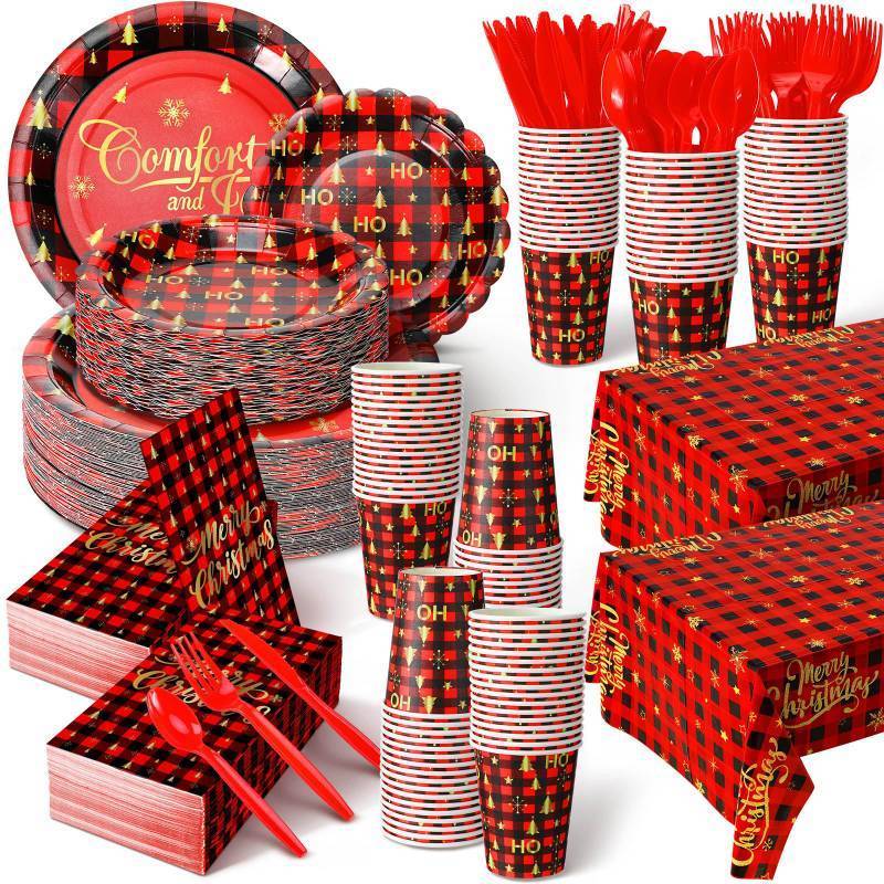 lot 439 image: Dandat 402 Pcs Christmas Plates and Napkins Party Supplies Disposable Christmas Table Dinnerware Set Party Plates Napkins Cups Tablecloth for Holiday Xmas(Gold Black Red,Plaid)