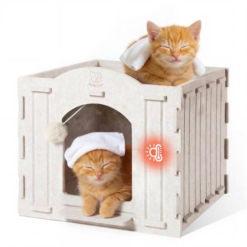 lot 3201 image: Apasiri Cat House Scratch-Resistant Indoor Warm Enclosed Felt Bed Cave with Hanging Ball Toy, No-Tool Assembly Hideaway for Anxious Cats & Kittens, 13.4x13.4x9.85 Inch Interior