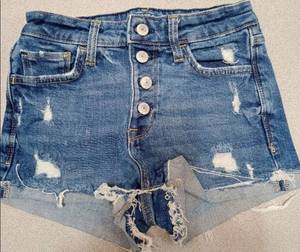 lot 854 image: High-Waisted Distressed Denim Shorts with Button Fly - Size 3