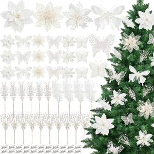 lot 863 image: 64 Pcs Poinsettia Christmas Decorations Artificial Poinsettia Flowers Glitter Berry Picks Butterfly Christmas Tree Ornament Kit with Clips for DIY Floral Wreath Party Xmas Tree Decor(White)