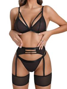 lot 894 image: popiv Womens Sexy Lingerie Set with Garter Belt Matching Bra and Panty Lingeries Sets 4 Piece Black (Size Medium)