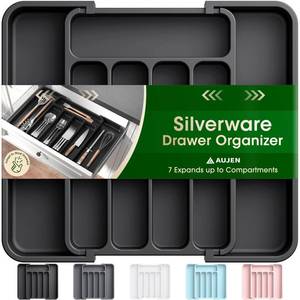 lot 937 image: Aujen Silverware Organizer - Expandable Kitchen Drawer Organizer, Adjustable Utensil Organizer, Cutlery Tray for Forks, Knives, Multipurpose Kitchen Organizers and Storage Solution, Black, Medium