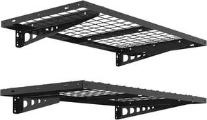 lot 131069 image: Retails for $115 FLEXIMOUNTS 2 Pack 2x4ft Garage Storage 24x48 inch Heavy Duty Bike Wall Shelving Rack, 660lbs Total Weight Capacity, Black, Pro Series