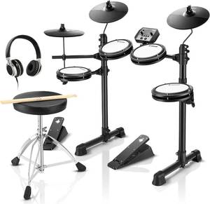 lot 251350 image: Retails for $230 Donner DED-80 Electronic Drum Set with 4 Quiet Mesh Pads, 180 Sounds, 2 Pedals, Throne, Headphones, Sticks, and Melodics Lessons