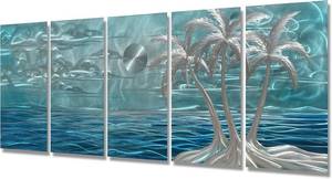 lot 330944 image: Retails for $249 BATRENDY ARTS Modern Beach Metal Wall Art Decor 3D Silver Coconut Palm on the Shores of Hawaii Blue Coast Hanging Sculptures Outdoor or Indoor Tree Decorations