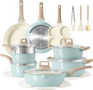 lot 431105 image: Retails for $130 CAROTE 21-Piece Ceramic Pots and Pans Cookware Set, Non Stick Induction Cook Ware Kitchen Cooking Set Non-Toxic Health, PFAS Free