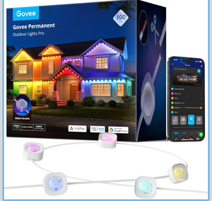 lot 16944 image: Govee Permanent Outdoor Lights Pro, 100ft with 60 RGBIC LED Lights for Daily and Accent Lighting, 75 Scene Modes for Outdoor Decor, IP67 Waterproof, Works with Alexa, Google Assistant, Matter, White - Retail $439