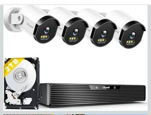 lot 16945 image: Home Security Camera System, 3K5MP Wired 4-Cam Kit with AI HumanVehicle Detection, Color Night Vision, 2-Way Audio, 4K 8CH NVR with 2TB HDD for 247 Recording, Remote Access - Retail $309