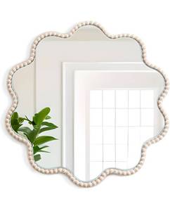 lot 16957 image: Wall Mirror, Farmhouse Round Mirror with Beads Wavy Frame Hanging Circle Boho Wall Decor for Living Room Entryway Bathroom Over Sink Hallway, 15x15 Inch - Retail $0