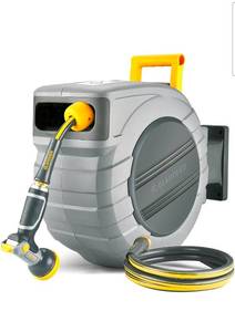 lot 16959 image: GLAHODEN Retractable Garden Hose Reel - 12 in x 130 ft Upgraded UV Resistant Automatic Wall Mounted Water Hose Reel 34 in Brass Fitting 9 Pattern Nozzle Any Length Lock Slow Retraction 180°Swivel - Retail $168